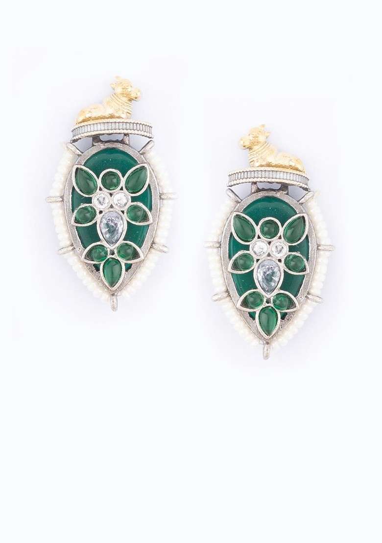 Silver Silver Plated Artificial Stones Studded And Beaded Teardrop Shaped Drop Earrings - Indya