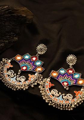 Silver Silver Plated Artificial Stones Studded Peacock Shaped Drop Earrings