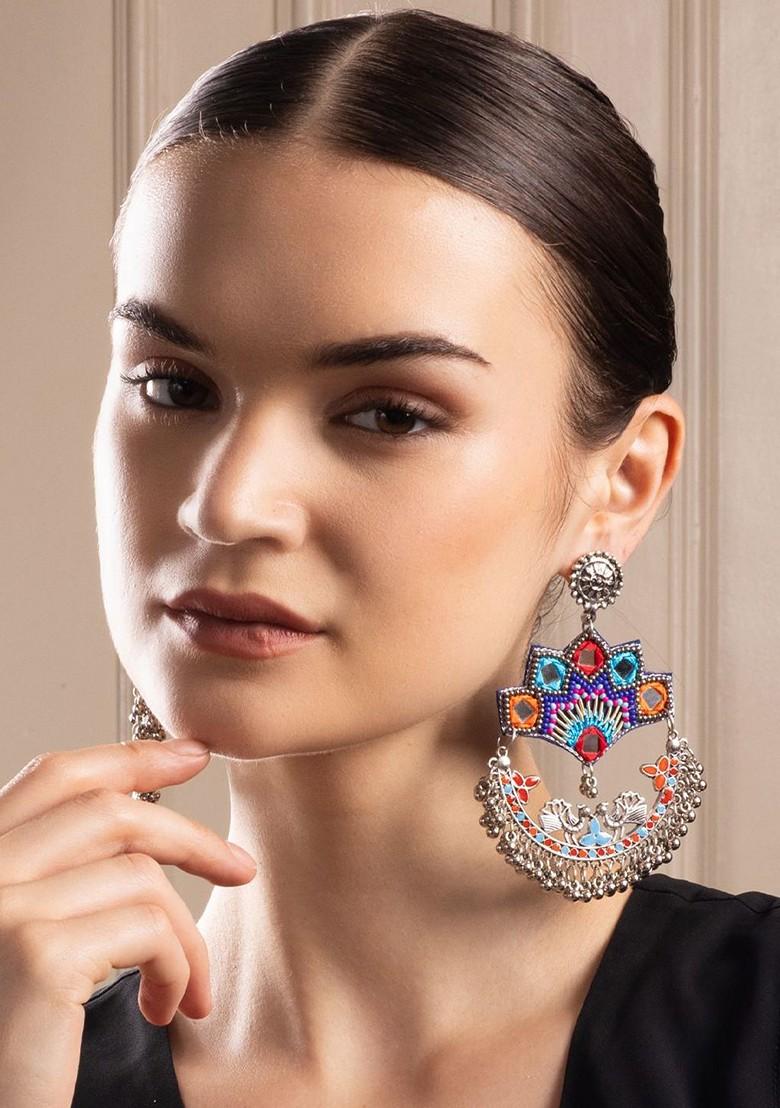 Silver Silver Plated Artificial Stones Studded Peacock Shaped Drop Earrings