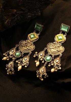 Gold Plated Artificial Stones Studded And Beaded Square Shaped Drop Earrings