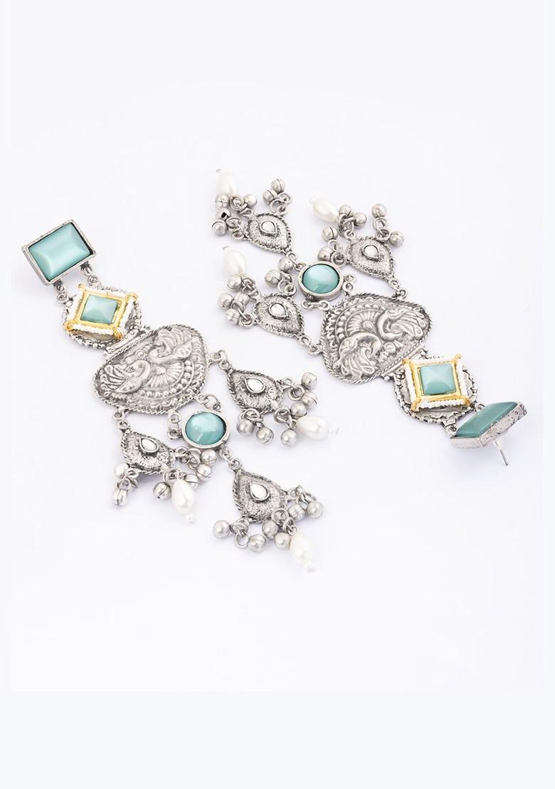 Gold Plated Artificial Stones Studded And Beaded Square Shaped Drop Earrings