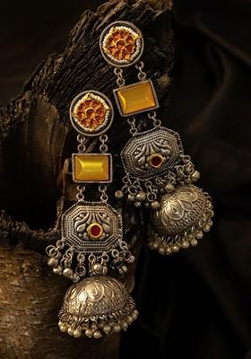 Silver Silver Plated Artificial Stones Studded And Beaded Dome Shaped Jhumkas