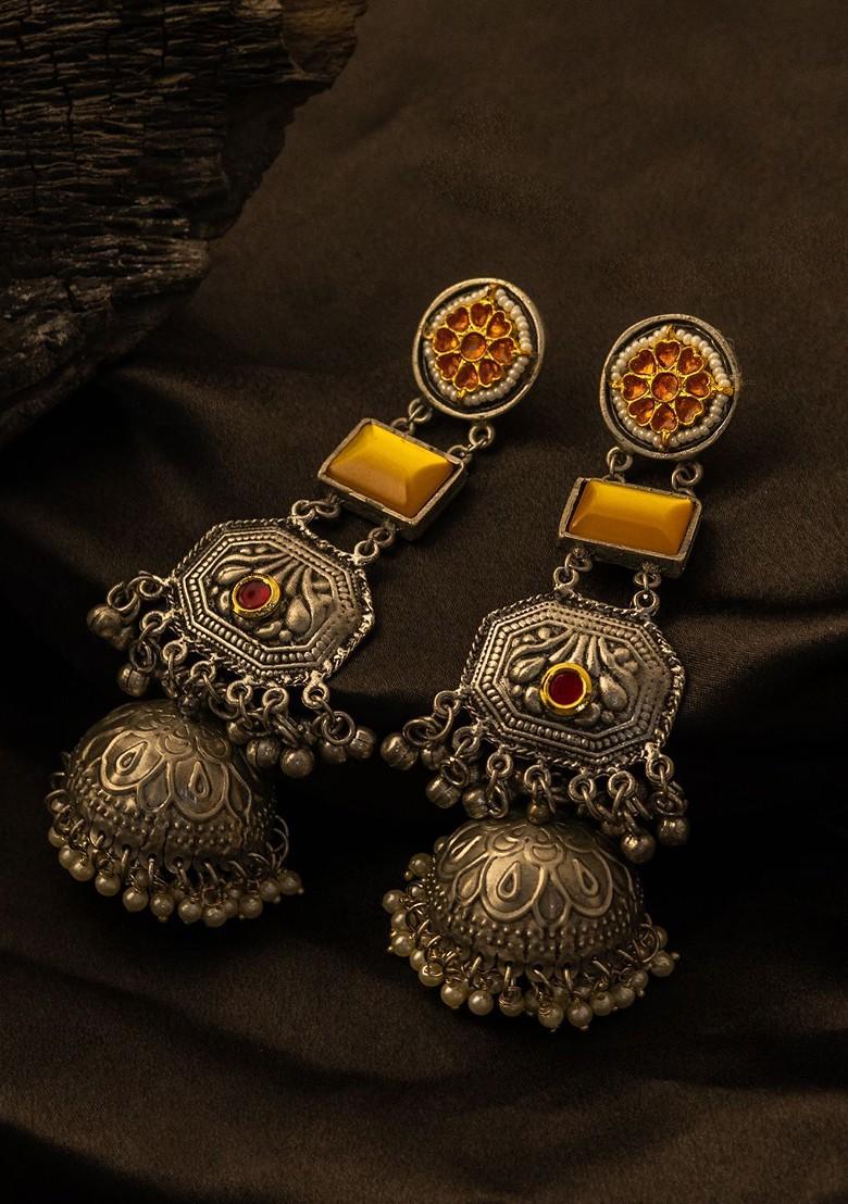 Silver Silver Plated Artificial Stones Studded And Beaded Dome Shaped Jhumkas