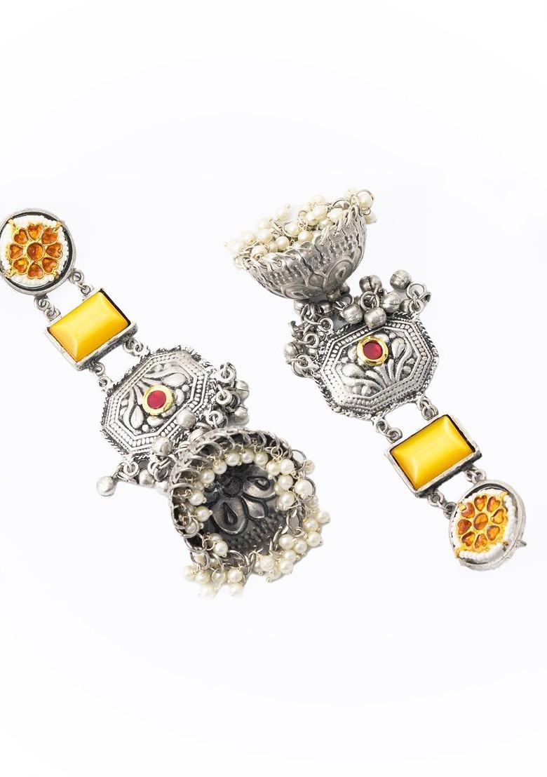 Silver Silver Plated Artificial Stones Studded And Beaded Dome Shaped Jhumkas