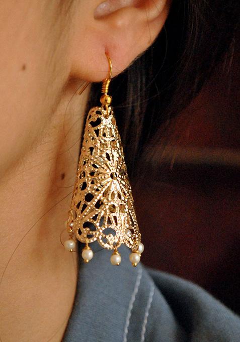 Golden Mixed Alloy Cone Filigree Earrings