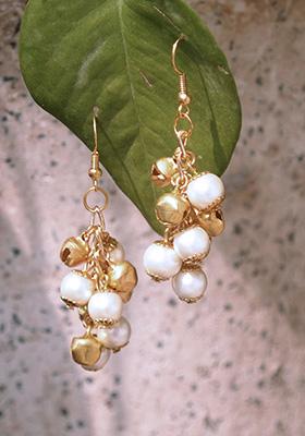 Golden Mixed Alloy Pearl And Ghungroo Earrings