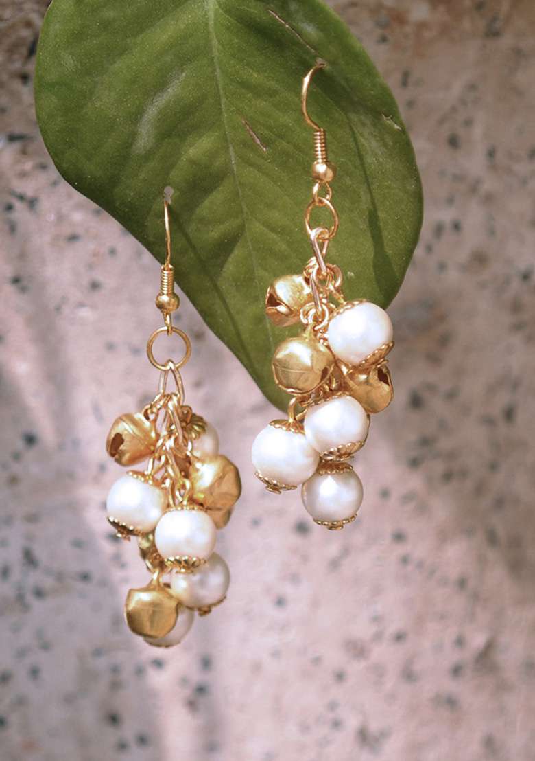 Golden Mixed Alloy Pearl And Ghungroo Earrings - Indya