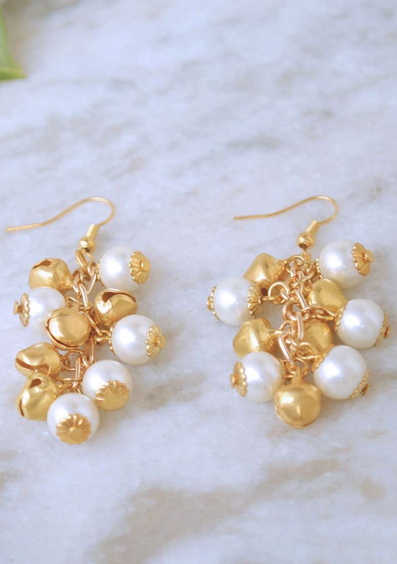 Golden Mixed Alloy Pearl And Ghungroo Earrings - Indya