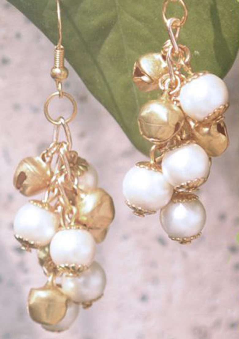 Golden Mixed Alloy Pearl And Ghungroo Earrings - Indya