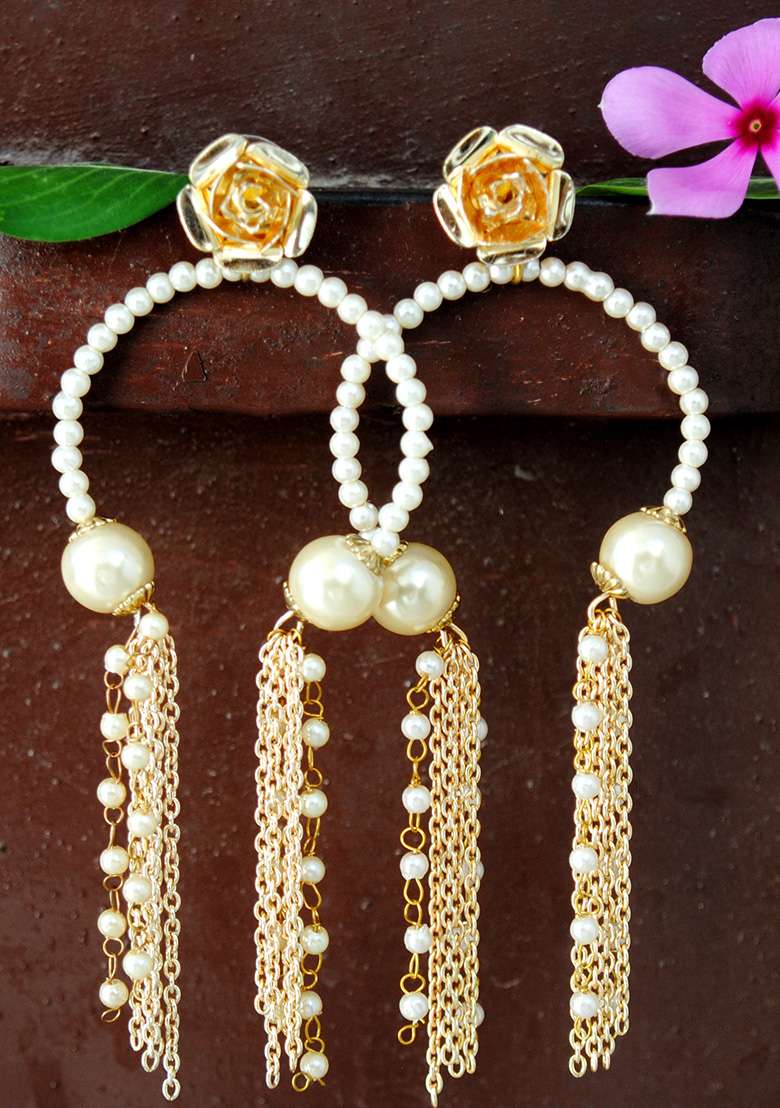 Golden Mixed Alloy Pearly Inverted Hoops Earrings - Indya