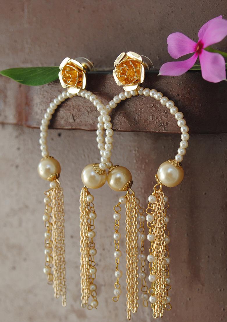 Golden Mixed Alloy Pearly Inverted Hoops Earrings
