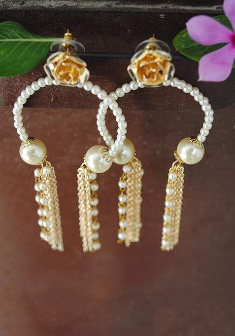 Golden Mixed Alloy Pearly Inverted Hoops Earrings