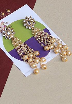 Golden Mixed Alloy Kundan Stud Pearl Tassel Earrings