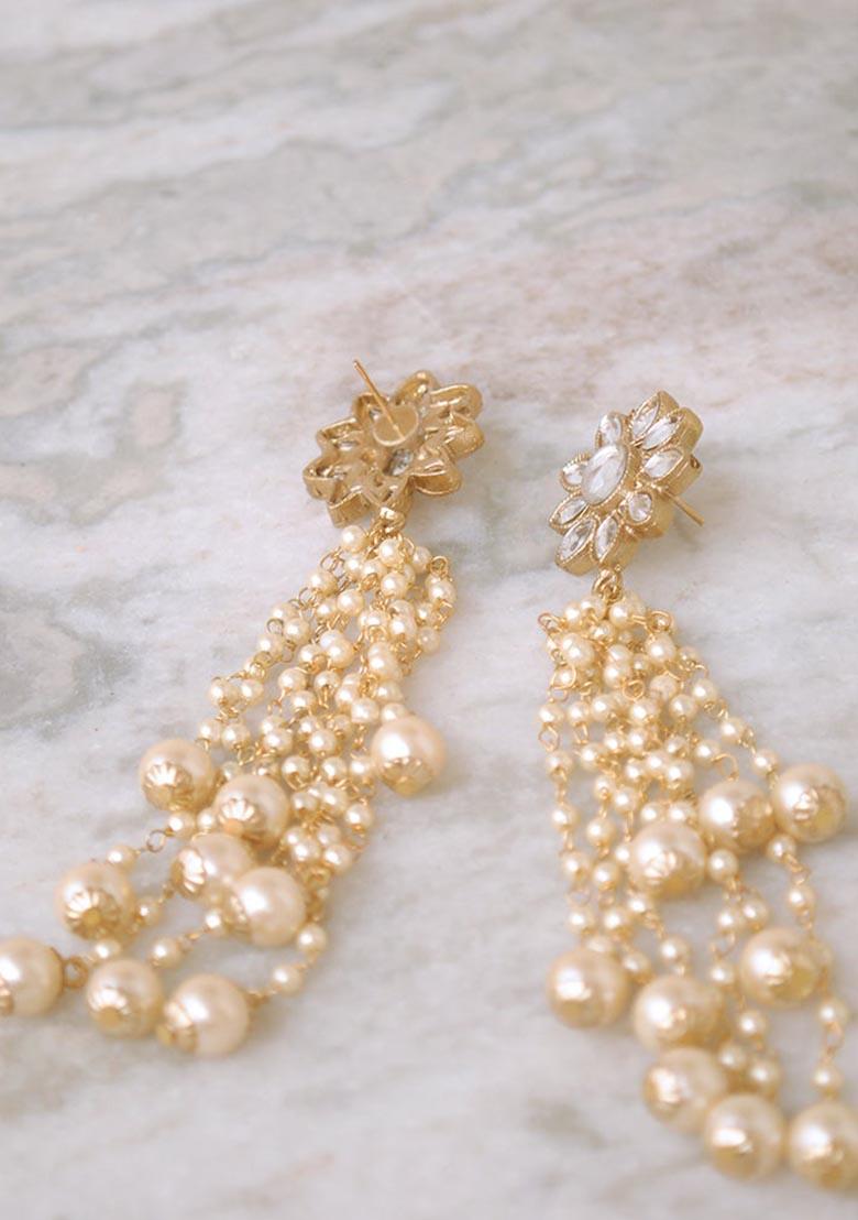 Golden Mixed Alloy Kundan Stud Pearl Tassel Earrings