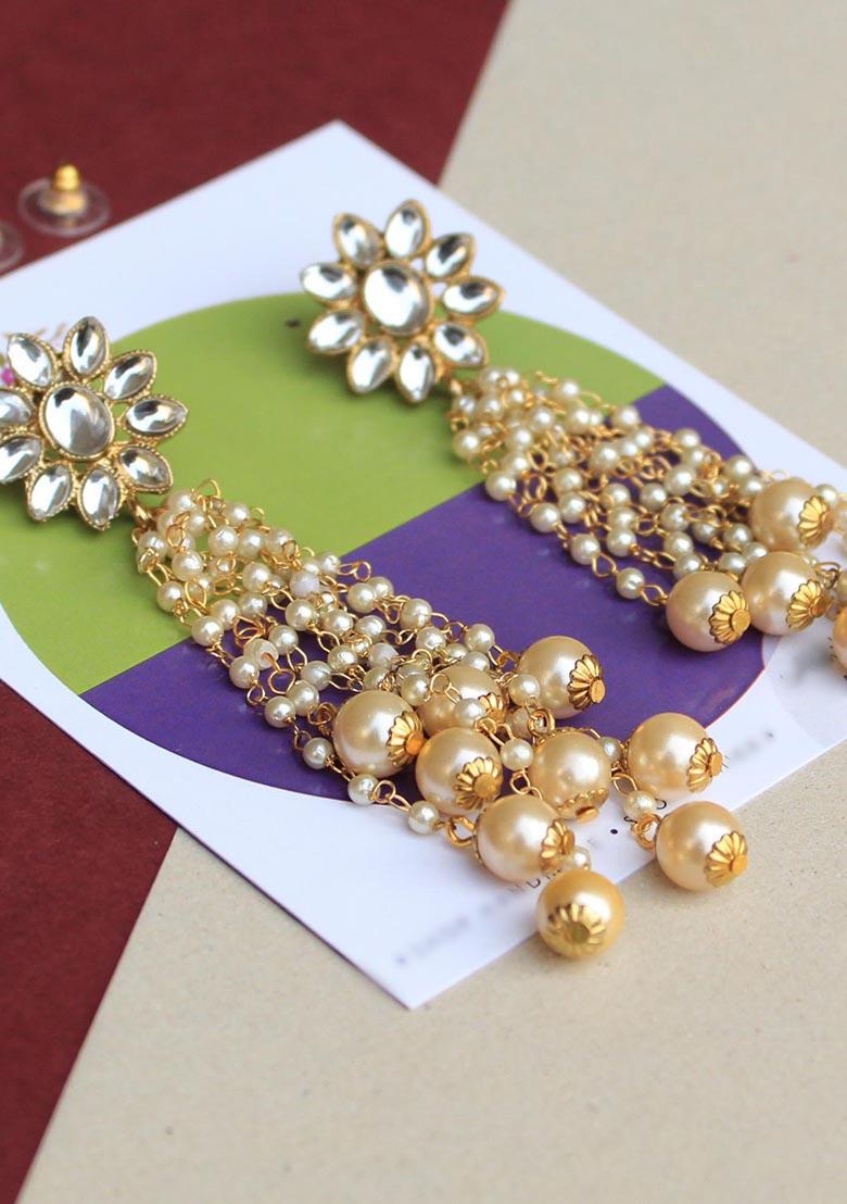 Golden Mixed Alloy Kundan Stud Pearl Tassel Earrings