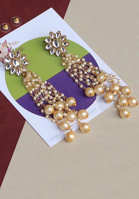 Golden Mixed Alloy Kundan Stud Pearl Tassel Earrings
