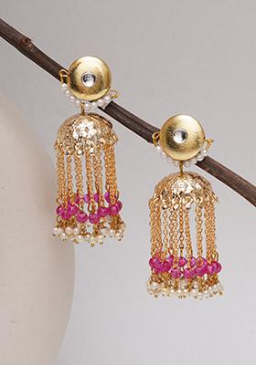 Pink Mixed Alloy Golden Crescent Jhumki Earrings