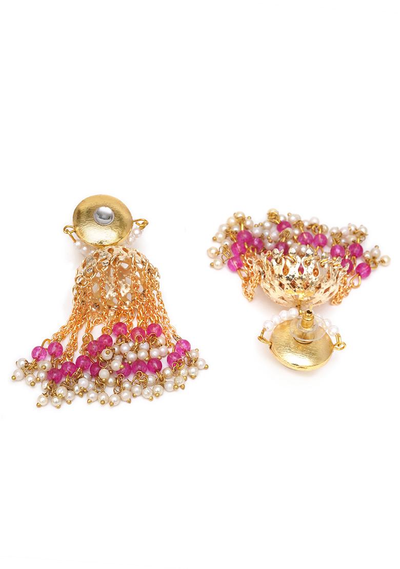 Pink Mixed Alloy Golden Crescent Jhumki Earrings