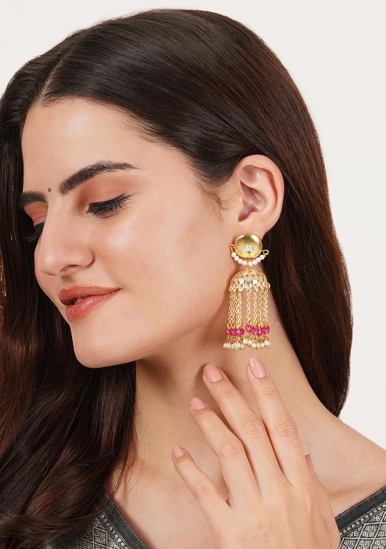Pink Mixed Alloy Golden Crescent Jhumki Earrings