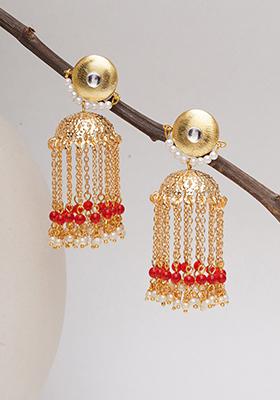 Red Mixed Alloy Golden Crescent Jhumki Earrings