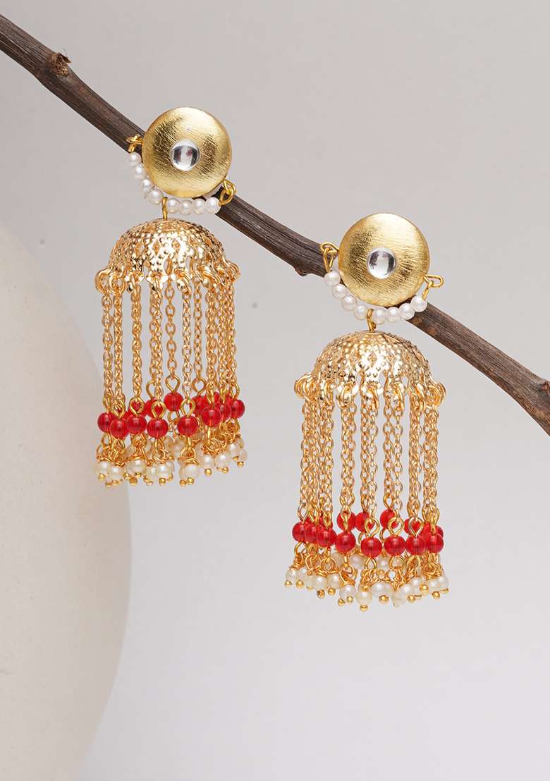 Red Mixed Alloy Golden Crescent Jhumki Earrings - Indya