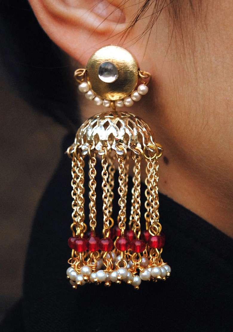 Red Mixed Alloy Golden Crescent Jhumki Earrings - Indya