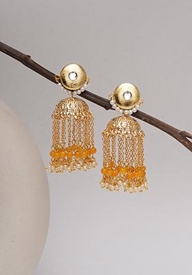 Yellow Mixed Alloy Golden Crescent Jhumki Earrings