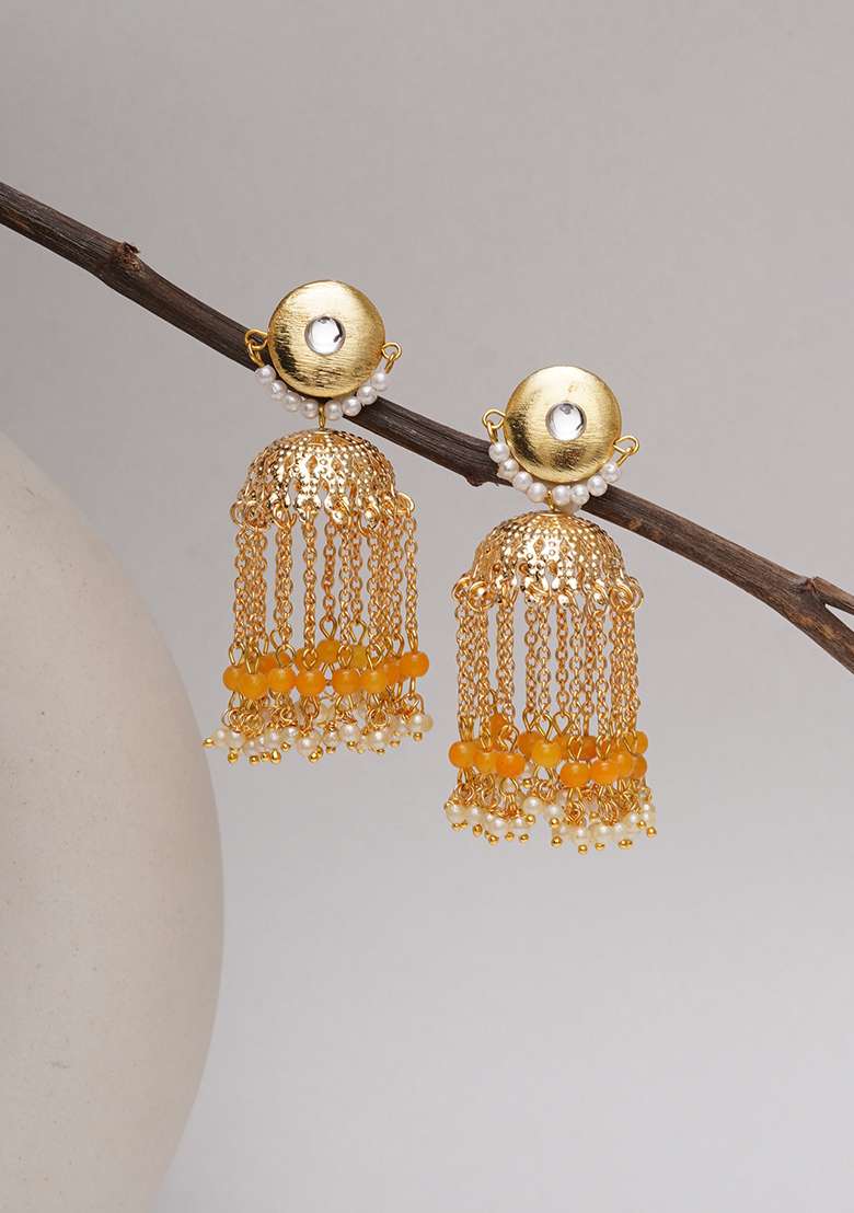 Yellow Mixed Alloy Golden Crescent Jhumki Earrings - Indya