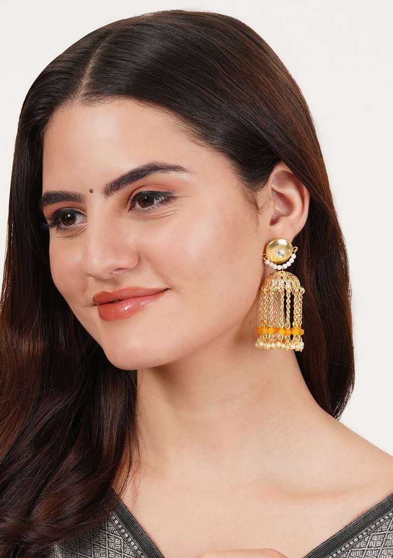 Yellow Mixed Alloy Golden Crescent Jhumki Earrings - Indya