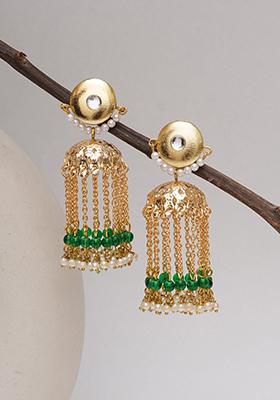 Green Mixed Alloy Golden Crescent Jhumki Earrings