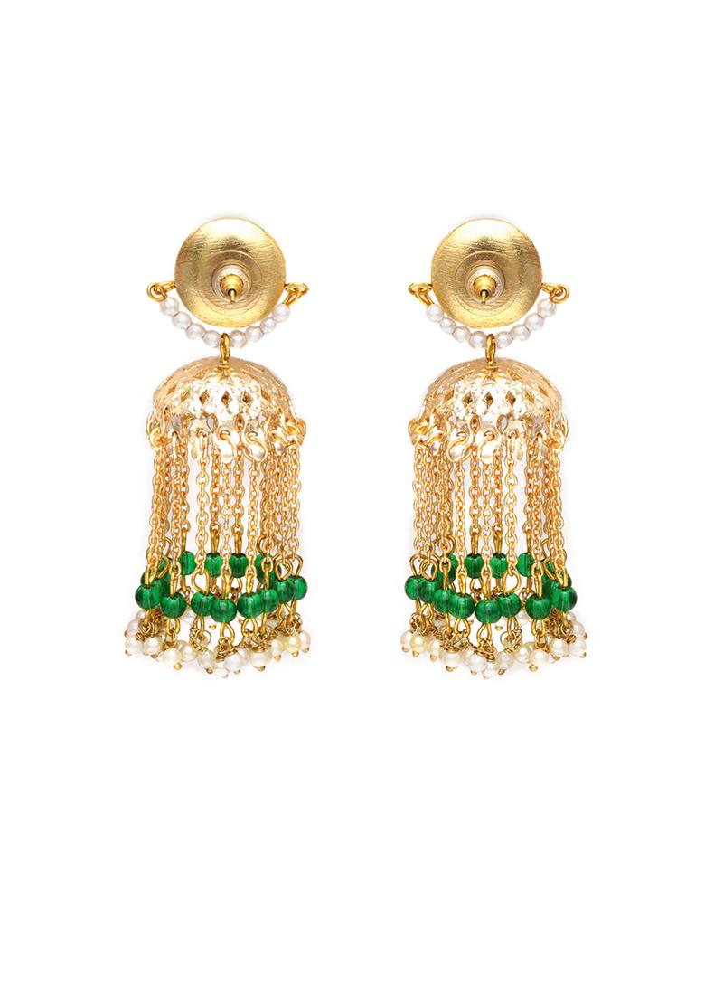 Green Mixed Alloy Golden Crescent Jhumki Earrings