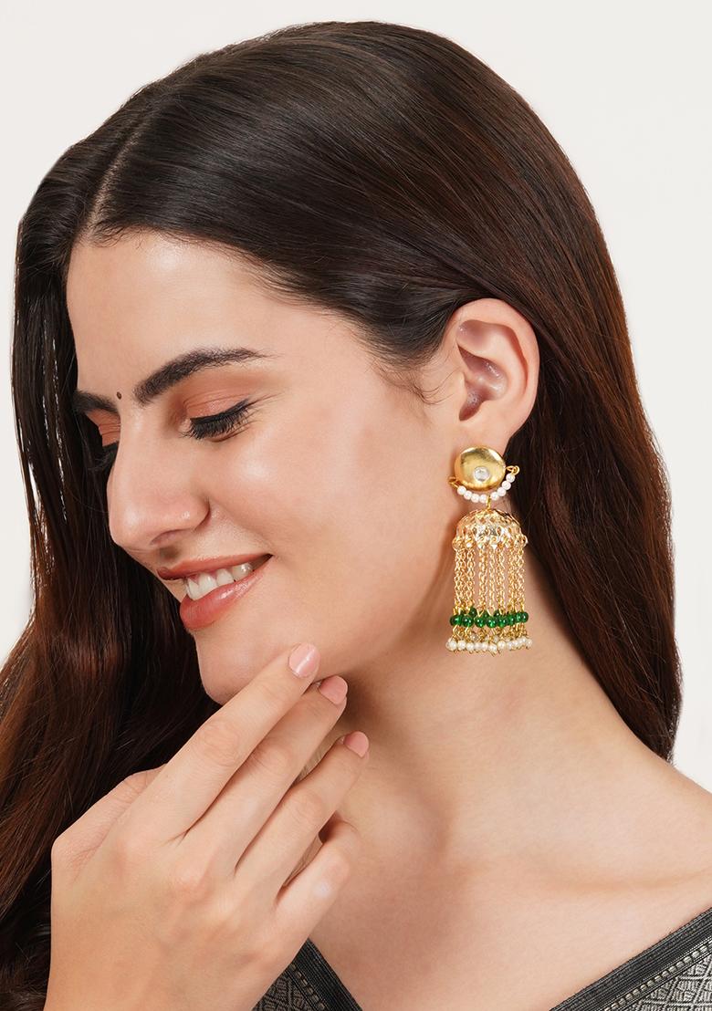 Green Mixed Alloy Golden Crescent Jhumki Earrings