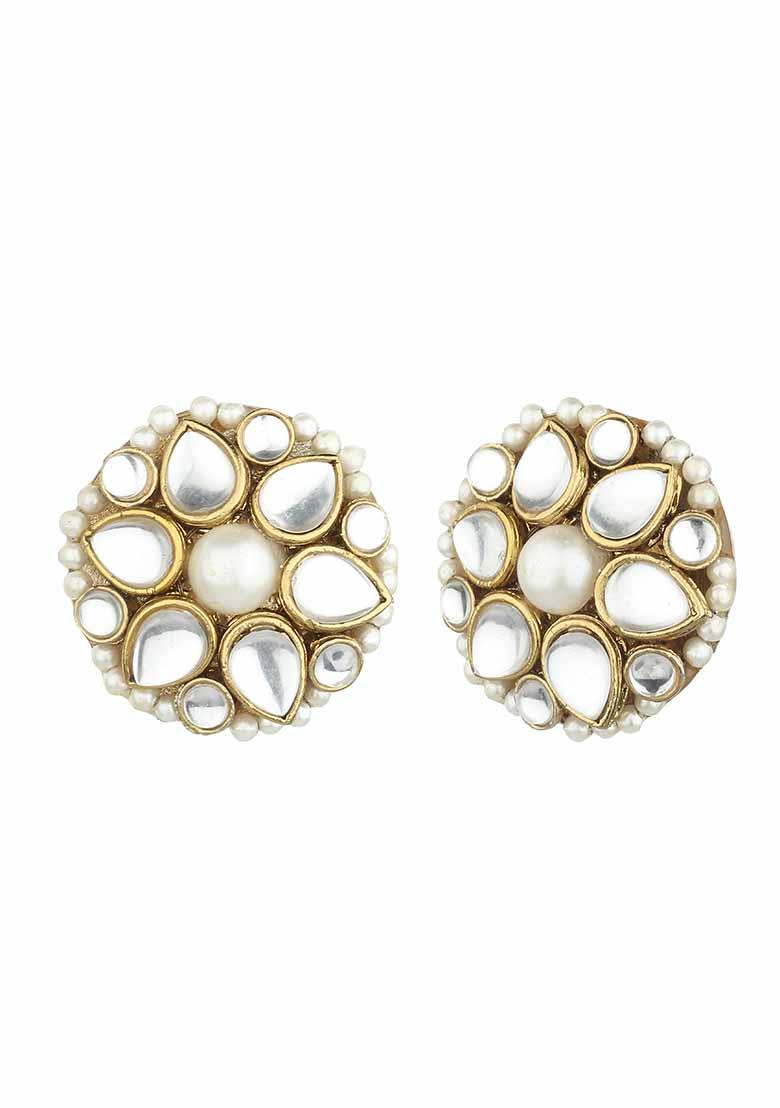 Golden Mixed Alloy Kundan Flower Stud Earrings