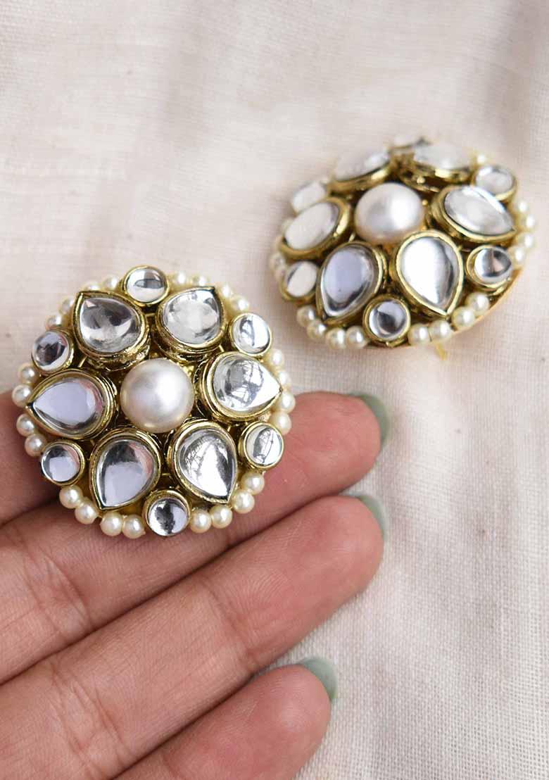 Golden Mixed Alloy Kundan Flower Stud Earrings