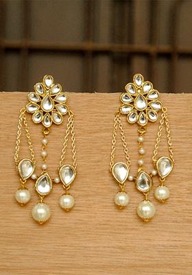 Golden Mixed Alloy Kundan Stud With Dangling Interlinked Pear Kundan Earrings