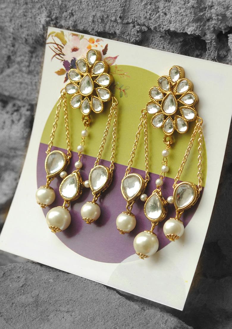 Golden Mixed Alloy Kundan Stud With Dangling Interlinked Pear Kundan Earrings