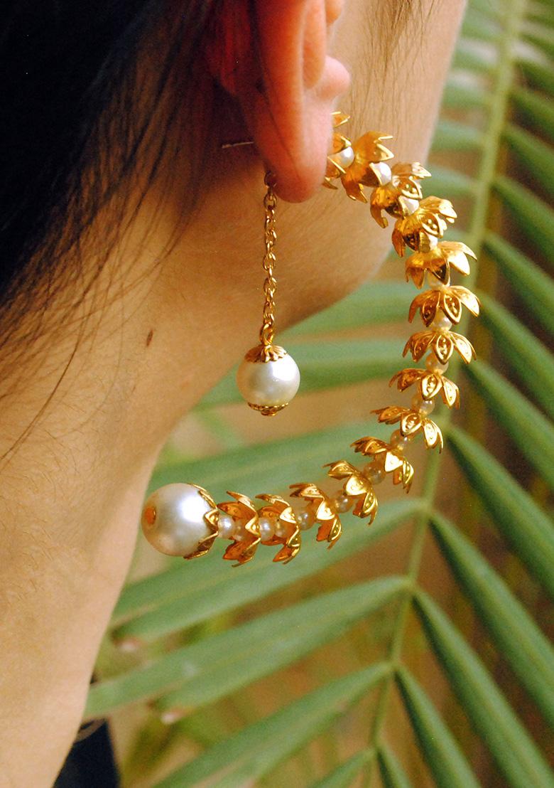 Golden Mixed Alloy Floral Crescent Hoop Earrings