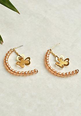 Golden Mixed Alloy Floral Charm Drop Half Hoop Earring Earrings