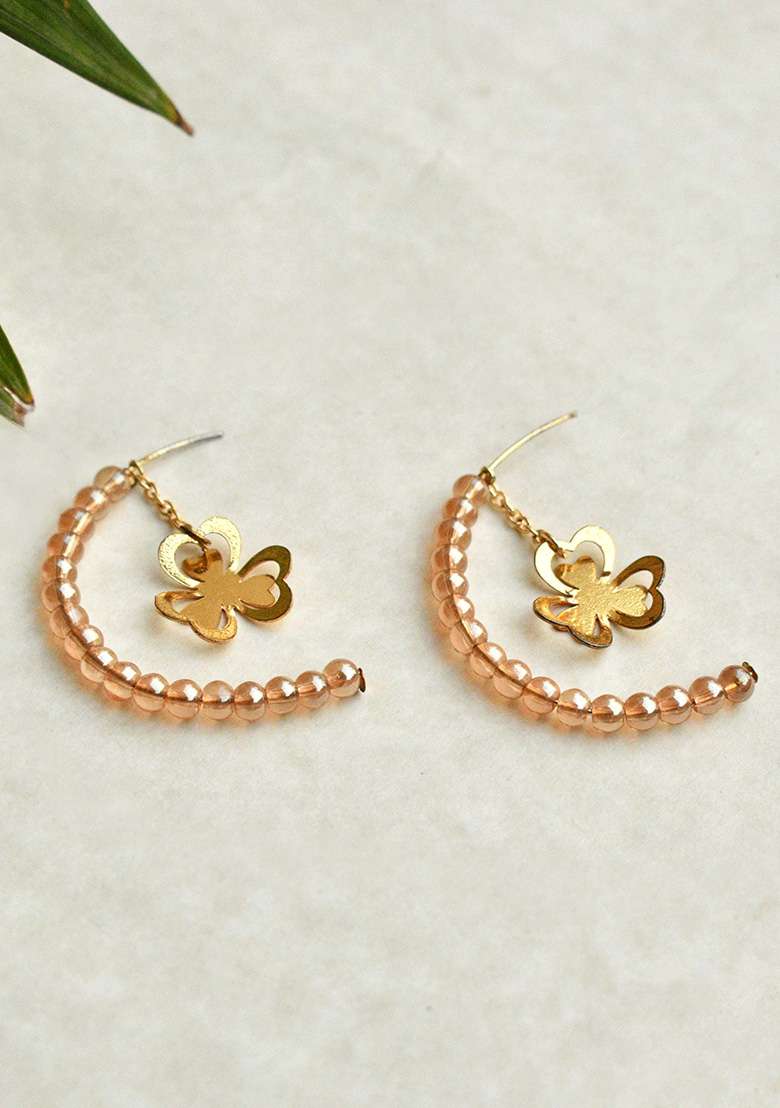 Golden Mixed Alloy Floral Charm Drop Half Hoop Earring Earrings - Indya