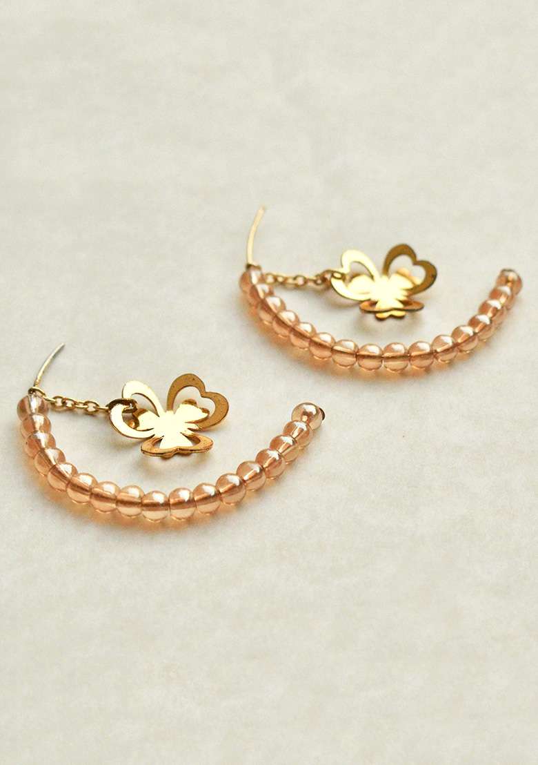 Golden Mixed Alloy Floral Charm Drop Half Hoop Earring Earrings - Indya