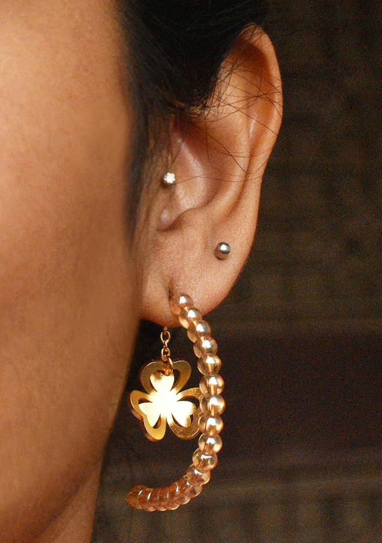 Golden Mixed Alloy Floral Charm Drop Half Hoop Earring Earrings