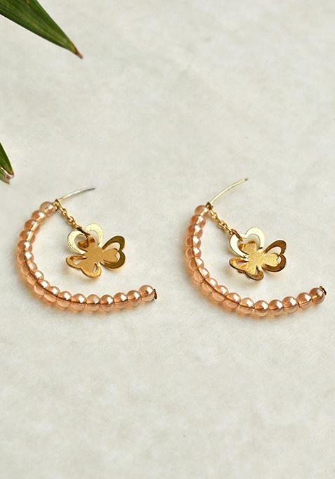 Golden Mixed Alloy Floral Charm Drop Half Hoop Earring Earrings
