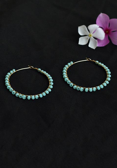 Blue Mixed Alloy Beaded Hoop Earrings ( Blue) Earrings