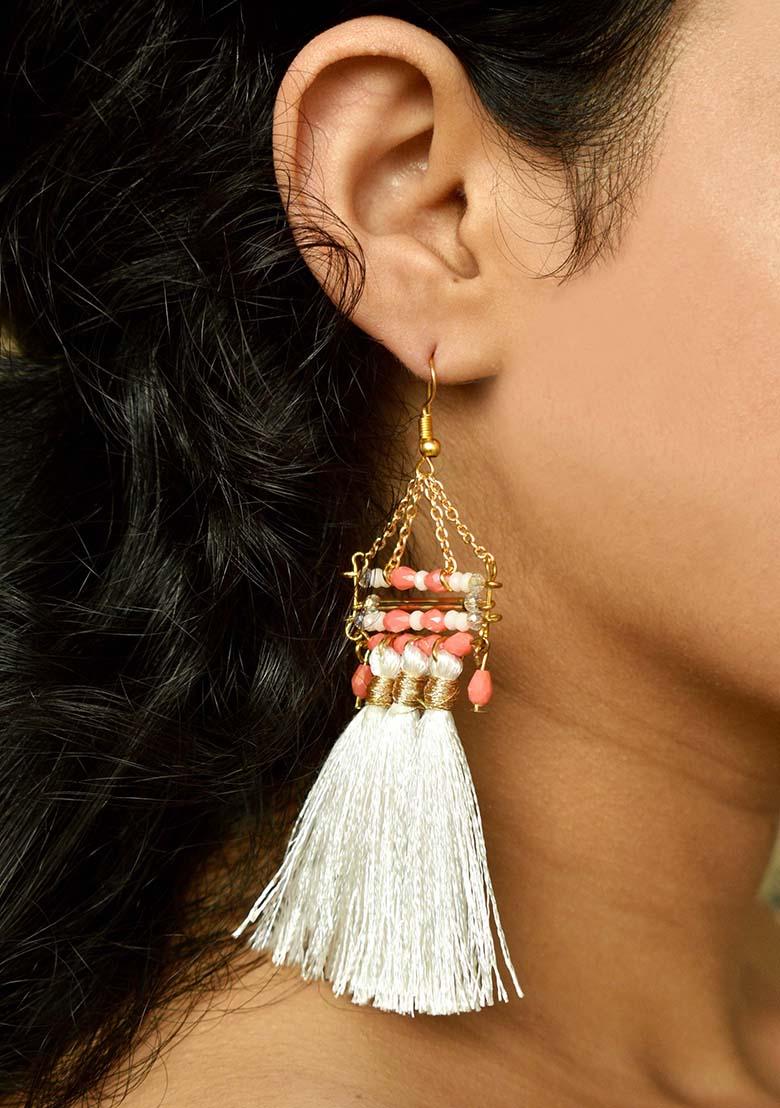 White Mixed Alloy Misty Tassel Earrings (White) Earrings