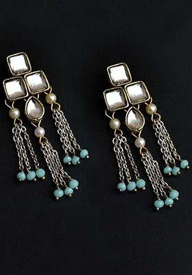 Antique Gold Mixed Alloy Silver Color Drop Chainand Kundan Earrings