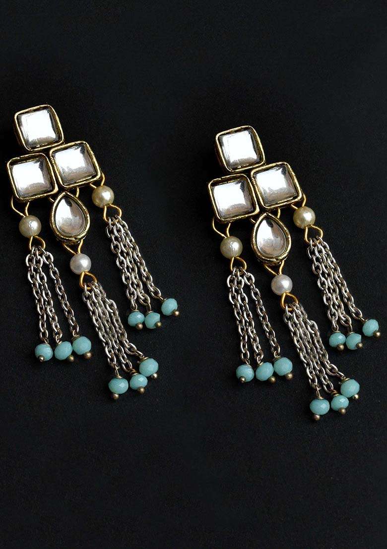 Antique Gold Mixed Alloy Silver Color Drop Chainand Kundan Earrings - Indya
