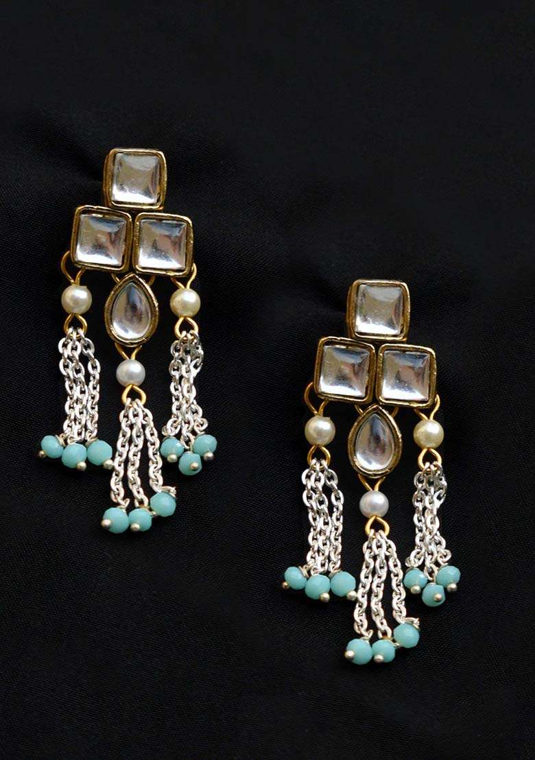 Antique Gold Mixed Alloy Silver Color Drop Chainand Kundan Earrings - Indya