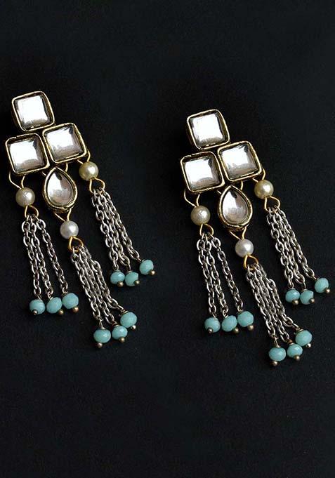 Antique Gold Mixed Alloy Silver Color Drop Chainand Kundan Earrings