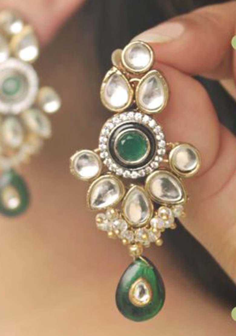 Green Mixed Alloy Kundan Amore Earrings Earrings