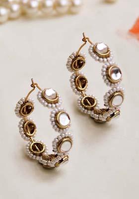 White Mixed Alloy Mounted Pearl Hoops Earrings